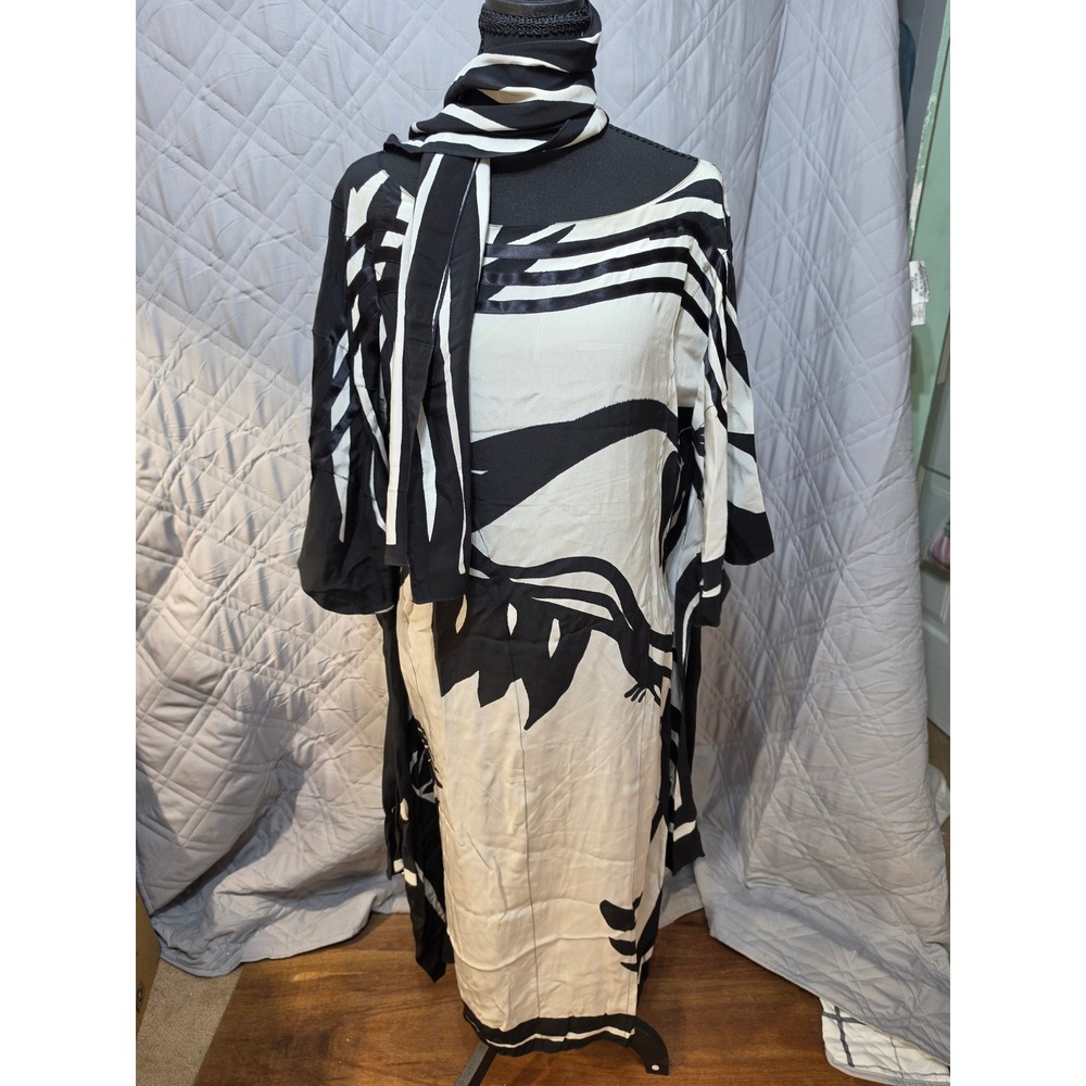 Babache for Nicole Kaftan Dress Black White Abstract Print‎ with Scarf  READ